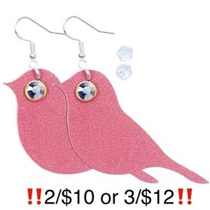 Faux Leather Pink Bird Shaped Dangling Statement Earrings w/ Black Jeweled Eyes